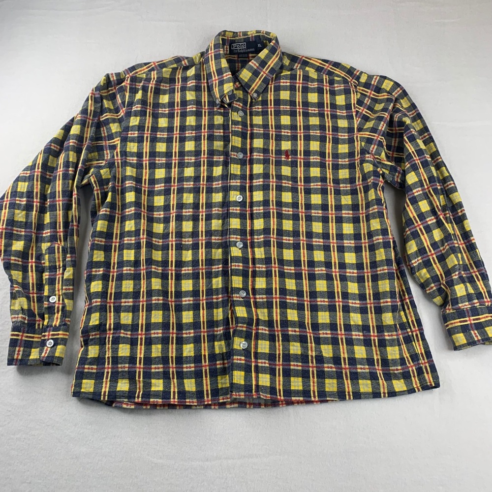 Polo Ralph Lauren Button Down Mens XL Yellow Plaid Flannel Pony Logo Shirt